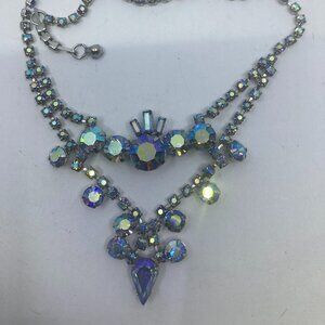 Vtg 1960 CONTINENTAL ? blue borealis crystal rhinestone necklace